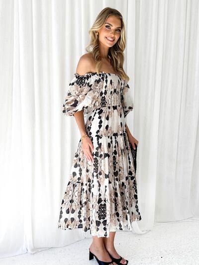 swvws Printed Smocked Off-Shoulder Tiered Dress