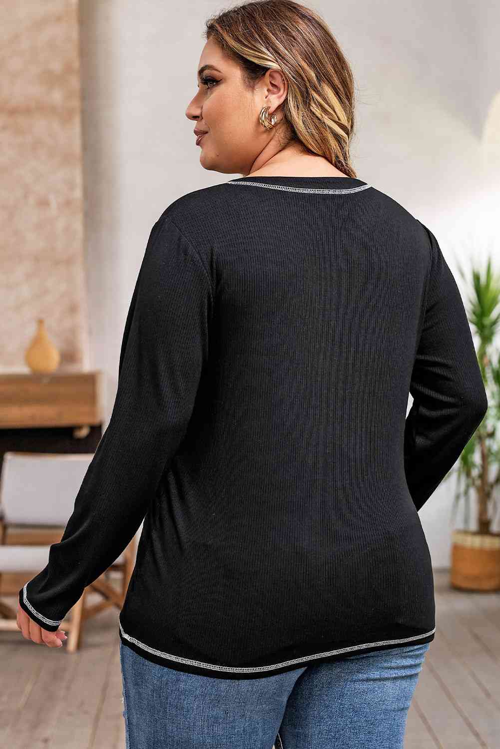 swvws Plus Size Notched Neck Long Sleeve T-Shirt