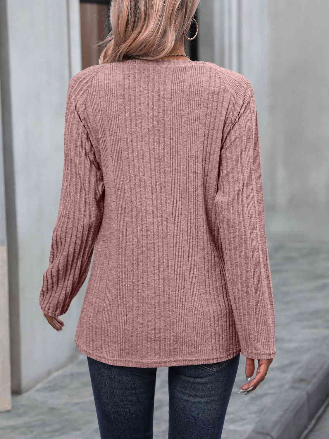 swvws Ribbed Buttoned Round Neck Long Sleeve T-Shirt