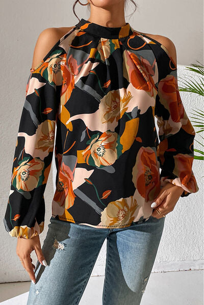 swvws Floral Cold Shoulder Balloon Sleeve Blouse