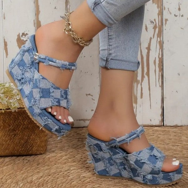 swvws - Light Blue Casual Patchwork Fish Mouth Out Door Wedges Shoes