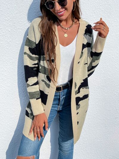 swvws Camouflaged Dropped Shoulder Open Front Cardigan