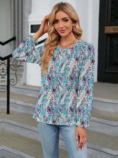 swvws Printed Round Neck Flounce Sleeve Blouse