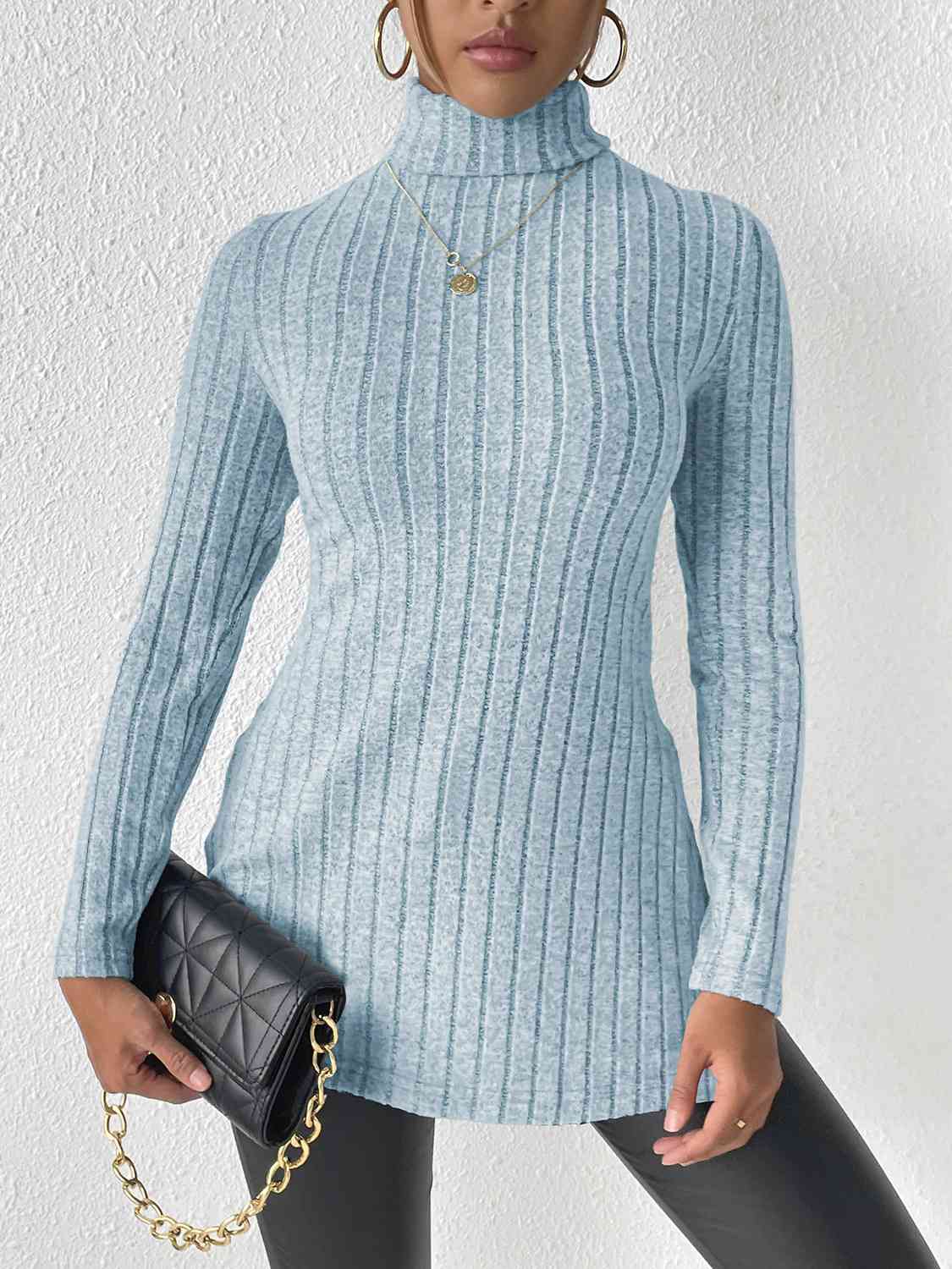 swvws Ribbed Turtleneck Long Sleeve Slit T-Shirt