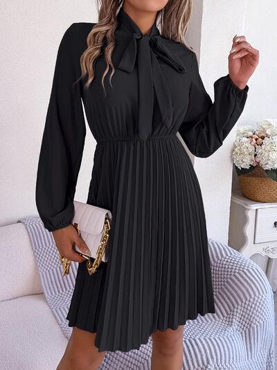 swvws Tie Neck Balloon Sleeve Pleated Dress