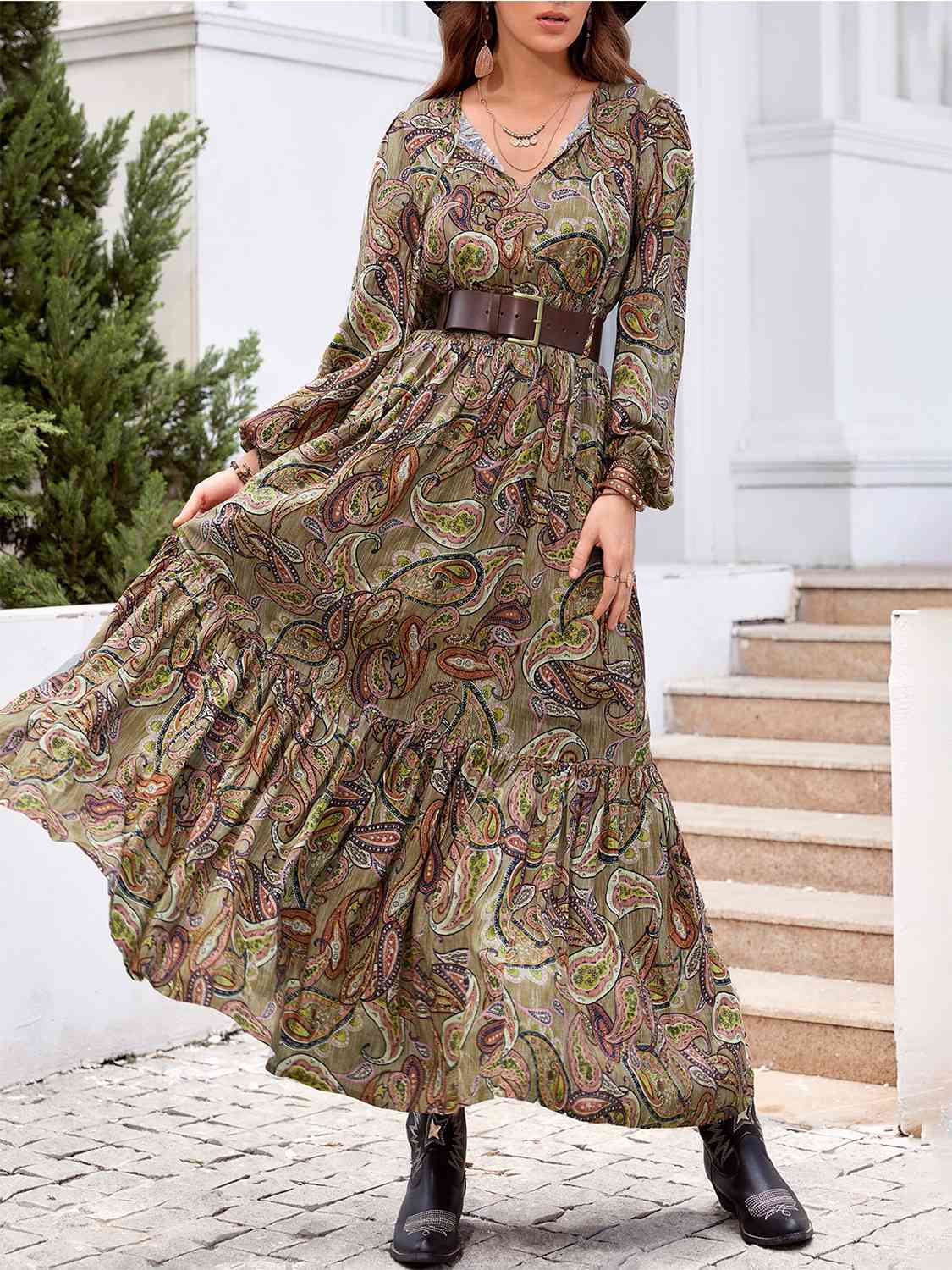 swvws Printed Tie Neck Ruffle Hem Long Sleeve Dress