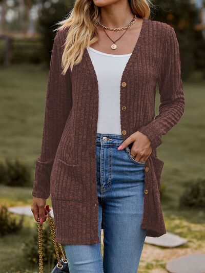 swvws Ribbed Button Up Long Sleeve Cardigan