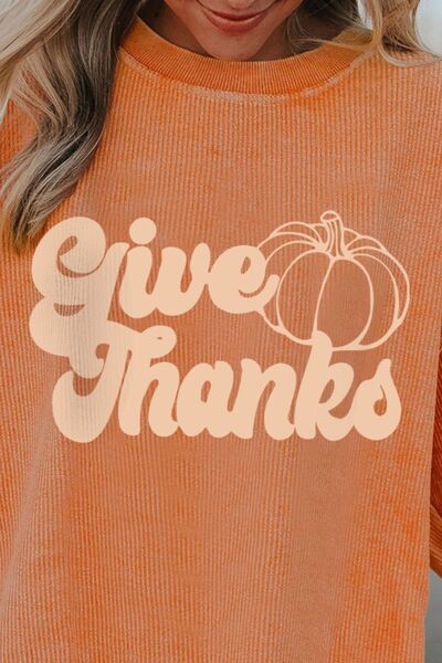 swvws GIVE THANKS Ribbed Round Neck Sweatshirt