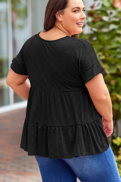 swvws Plus Size Eyelet Round Neck Short Sleeve Blouse