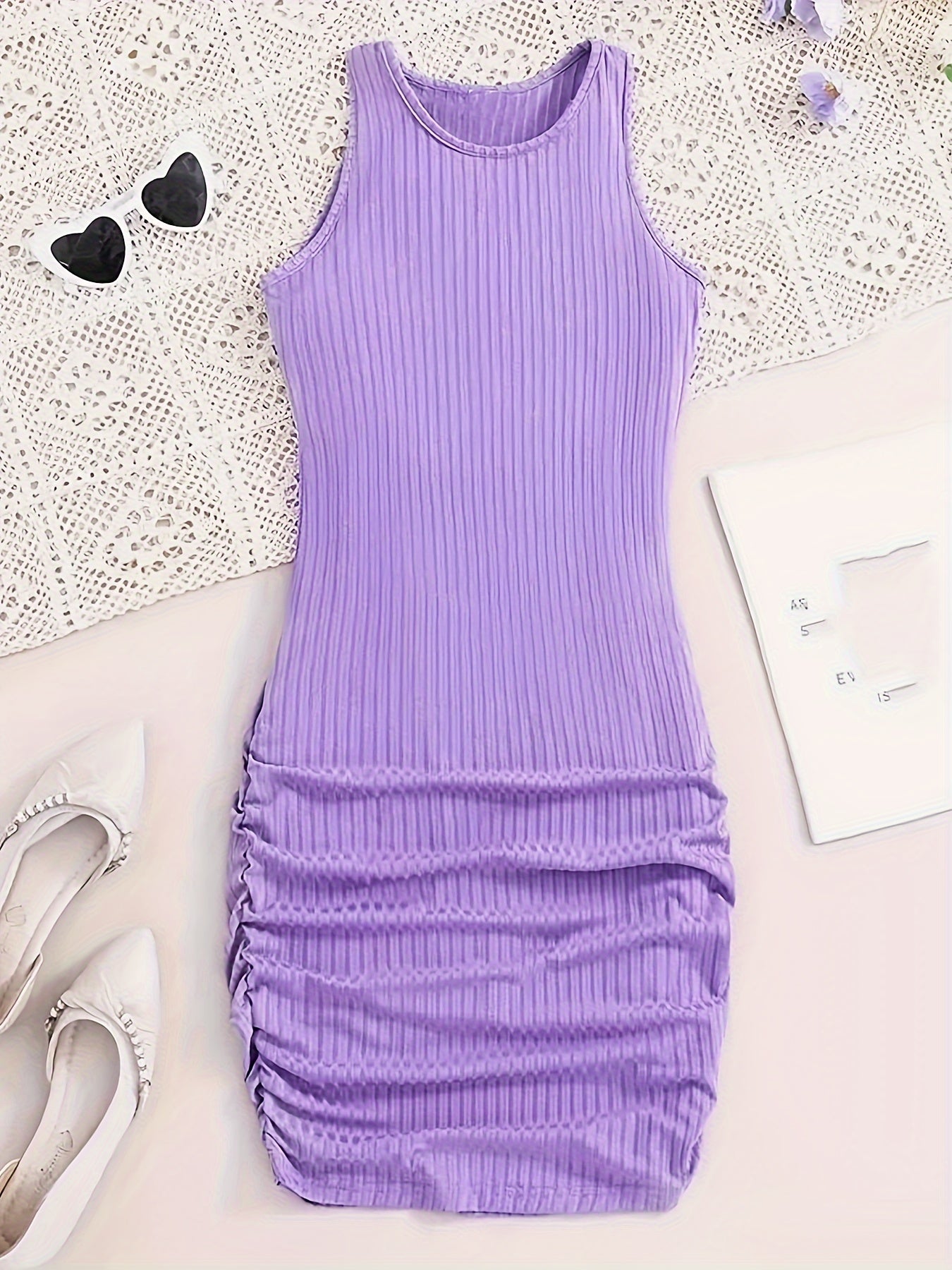 Stunning Ribbed Crew Neck Bodycon Dress - Sleek Sleeveless Design, Ruched Detail, Comfortable Fit, Perfect for Spring & Summer, Women's Elegant Clothing for Everyday Wear