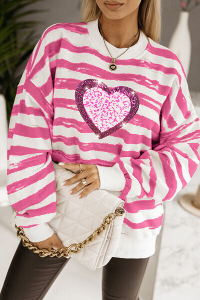 swvws Heart Sequin Striped Dropped Shoulder Sweatshirt