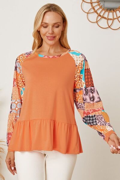 swvws Printed Round Neck Peplum Blouse