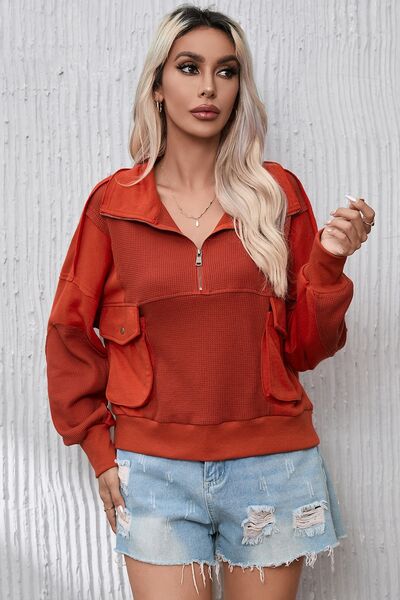 swvws Half Zip Pocketed Dropped Shoulder Sweatshirt