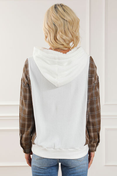 swvws Plaid Waffle-Knit Drawstring Kangaroo Pocket Hoodie