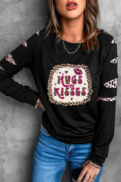 swvws HUGS AND KISSES Leopard Round Neck Sweatshirt