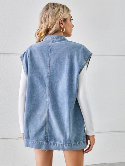 swvws Pocketed Button Up Sleeveless Denim Jacket