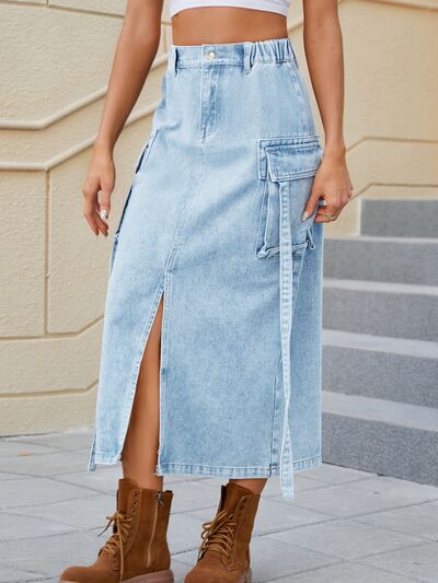 swvws Slit Pocketed High Waist Denim Skirt