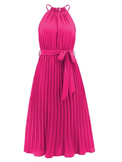 swvws Pleated Spaghetti Strap Tie Waist Midi Dress