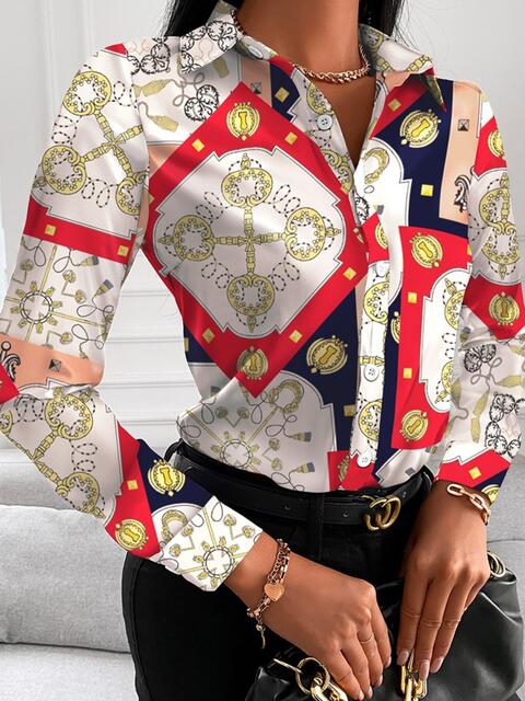 swvws Printed Collared Neck Long Sleeve Shirt