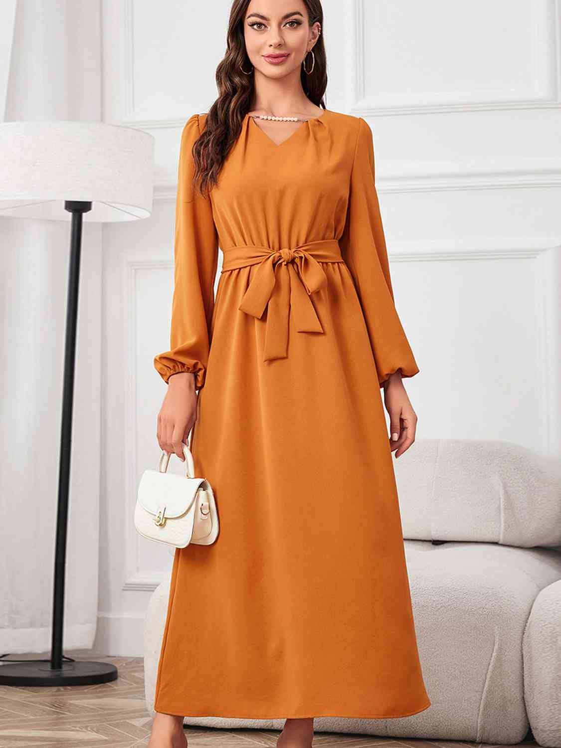 swvws Tie Waist Puff Sleeve Maxi Dress