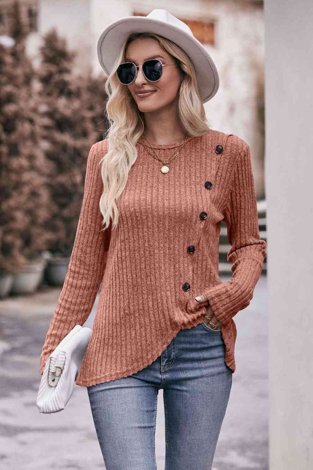 swvws Double Take Ribbed Round Neck Buttoned Long Sleeve Tee