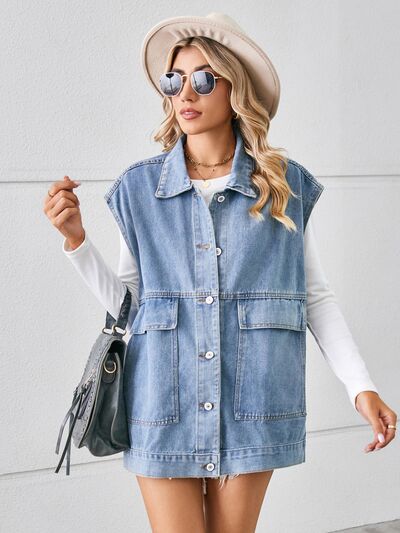 swvws Pocketed Button Up Sleeveless Denim Jacket