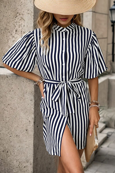 swvws Striped Button Up Tie Waist Mini Dress