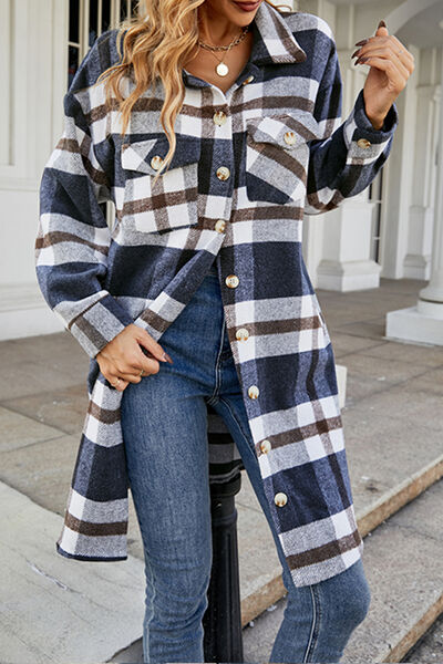 swvws Plaid Button Up Collared Neck Coat with Pockets