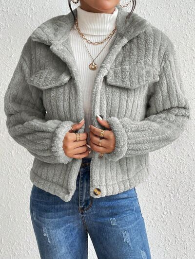 swvws Fuzzy Button Up Collared Neck Jacket