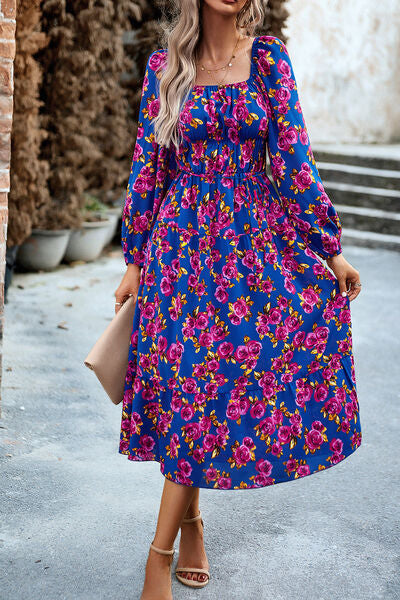 swvws Printed Balloon Sleeve Pocketed Midi Dress