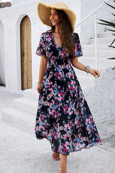 swvws Smocked Floral V-Neck Short Sleeve Dress