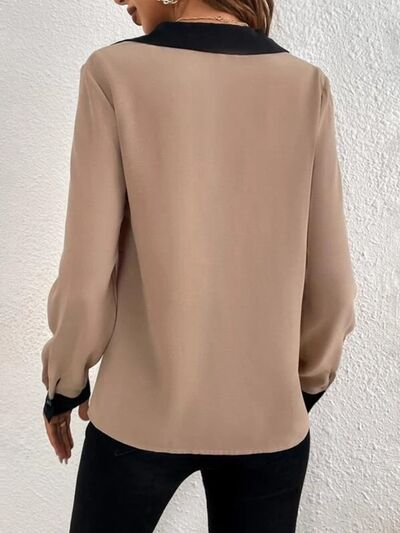 swvws Contrast Trim V-Neck Long Sleeve Blouse