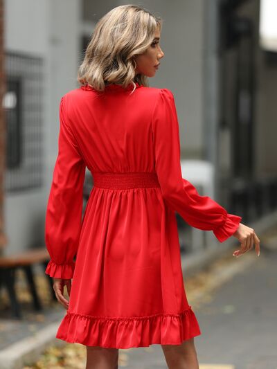 swvws Ruffle Trim V-Neck Flounce Sleeve Dress