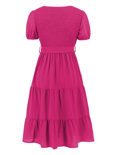 swvws Smocked Tie Front Short Sleeve Tiered Dress