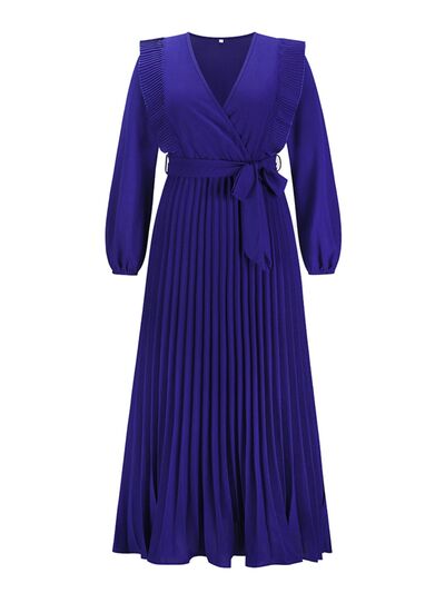 swvws Pleated Surplice Tie Waist Maxi Dress