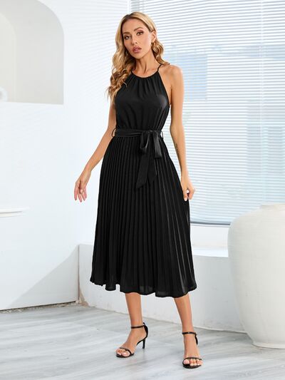 swvws Pleated Spaghetti Strap Tie Waist Midi Dress