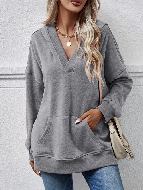 swvws V-Neck Drop Shoulder Long Sleeve Hoodie