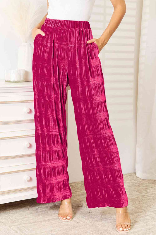 swvws Double Take Full Size High Waist Tiered Shirring Velvet Wide Leg Pants