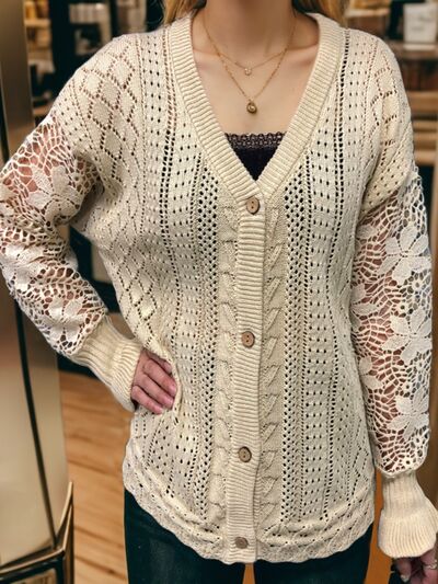 swvws Eyelet Button Up Lantern Sleeve Cardigan