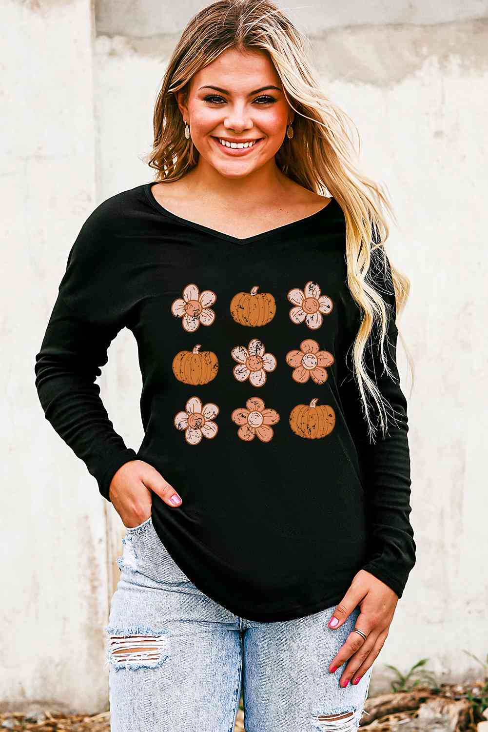 swvws V-Neck Short Sleeve Pumpkin & Flower Graphic T-Shirt