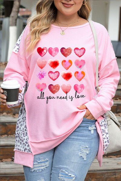 swvws Plus Size Heart Leopard Dropped Shoulder Sweatshirt