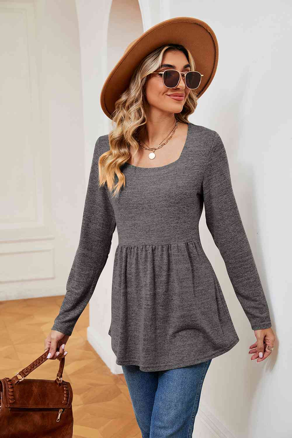 swvws Square Neck Long Sleeve Peplum Top