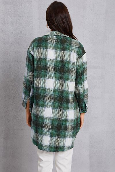 swvws Plaid Button Up Dropped Shoulder Coat with Pockets