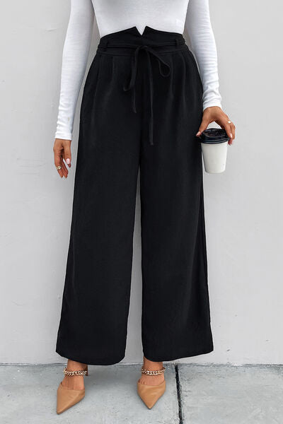 swvws High Waist Ruched Tie Front Wide Leg Pants