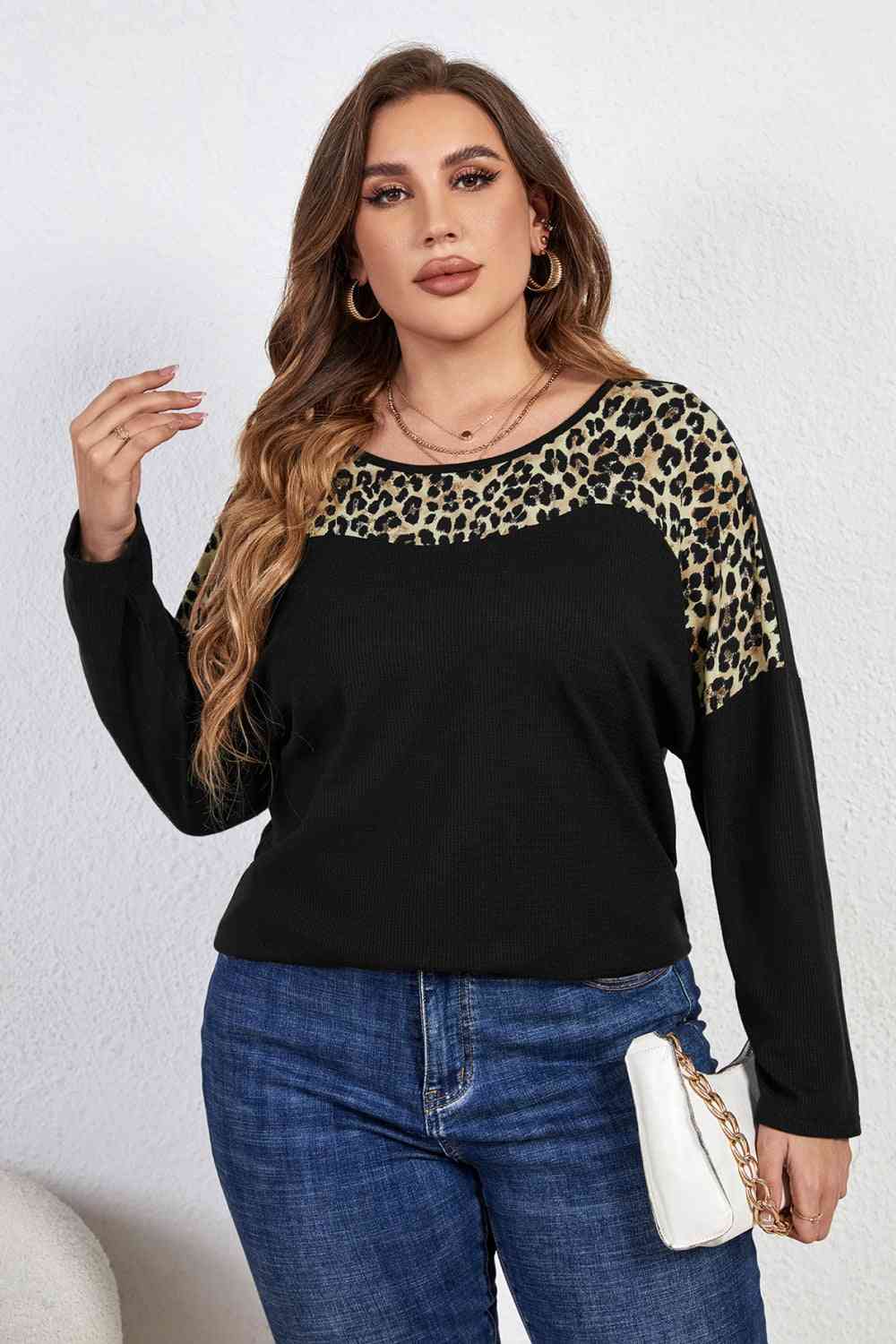 swvws Melo Apparel Plus Size Leopard Trim Round Neck Long Sleeve Tee