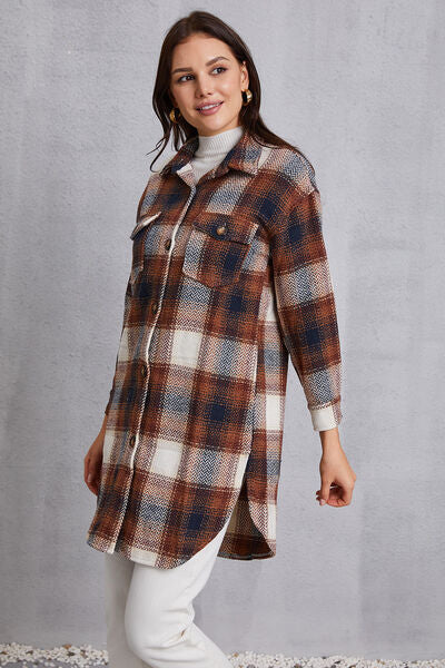 swvws Plaid Button Up Dropped Shoulder Coat with Pockets