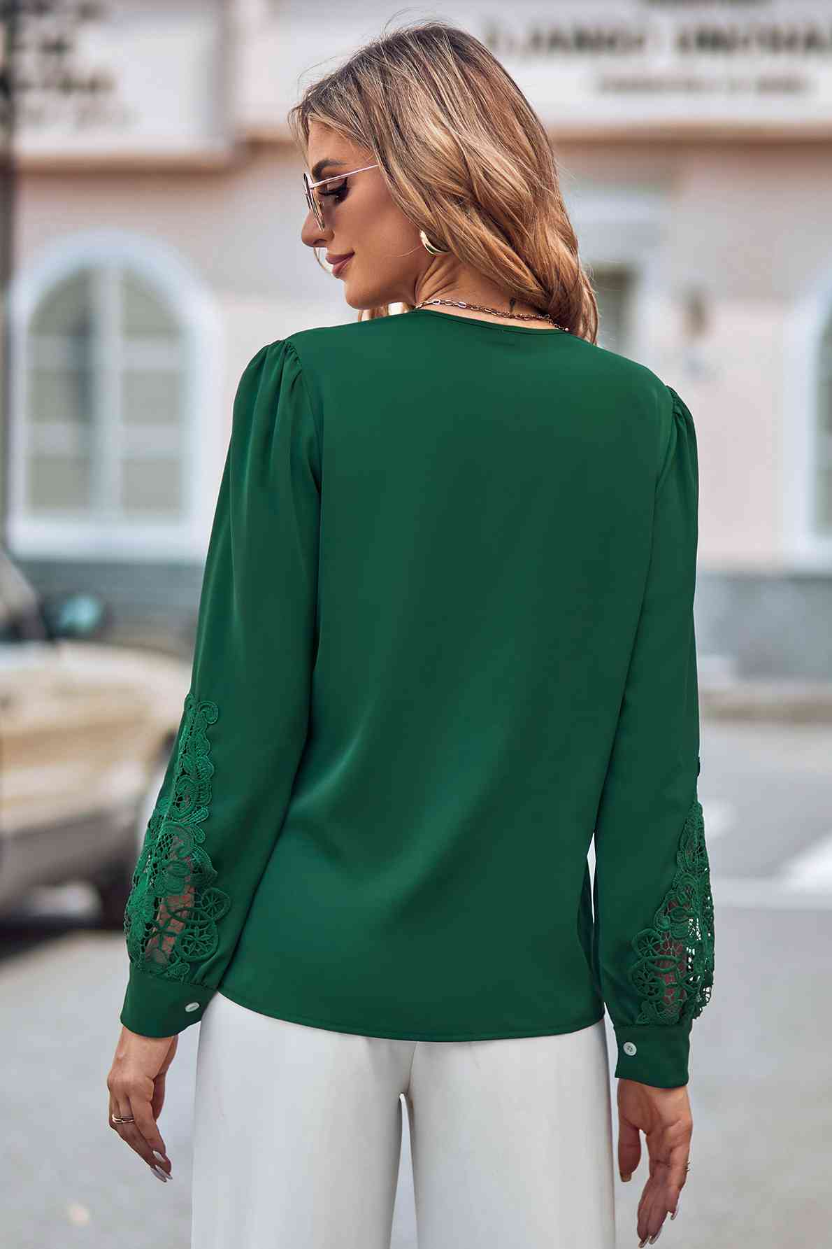 swvws Spliced Lace V-Neck Puff Sleeve Shirt