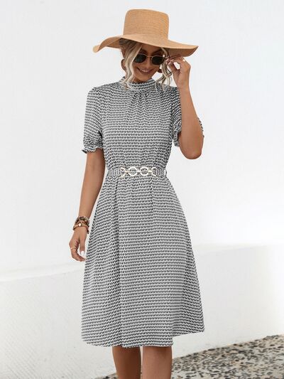 swvws Printed Mock Neck Flounce Sleeve Dress