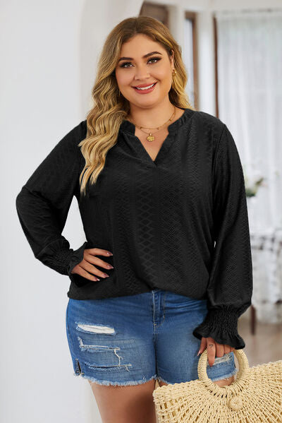 swvws Plus Size Eyelet Notched Flounce Sleeve Blouse