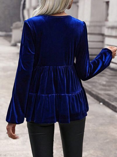 swvws V-Neck Balloon Sleeve Peplum Blouse